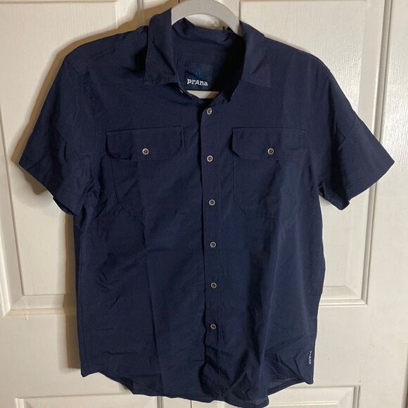 Prana Mens Collared Short Sleeve Button Down Shirt Top Navy Blue XS NWT - Picture 1 of 4